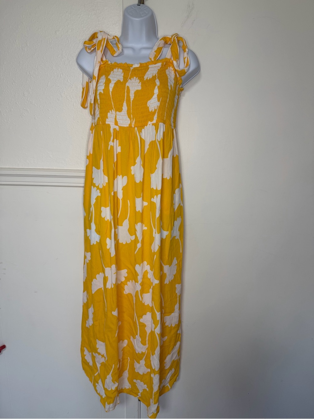 DVF Yellow Floral Tie-Shoulder Smocked Maxi Dress M